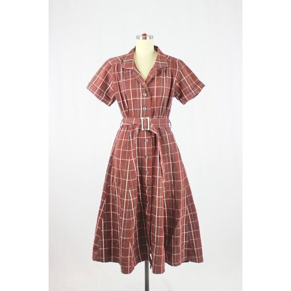 Moussy Dresses & Skirts - MOUSSY Dark Red Burgundy Check Cotton Seersucker Retro Midi Shirt Dress, Size M